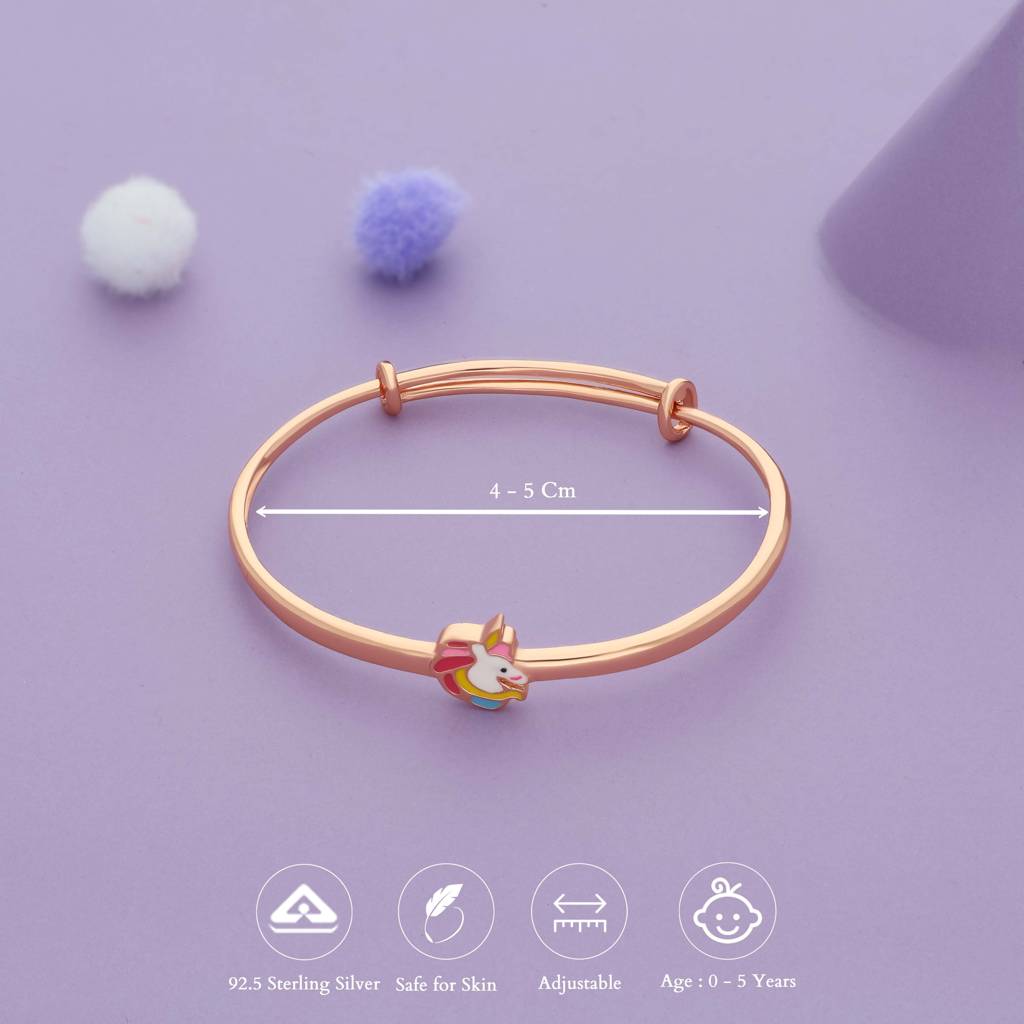 Little Rosy Unicorn Rose Gold Polish 925 Silver Kid Bangles (0-5 Yrs) : KB-CC-RG-U-118-P
