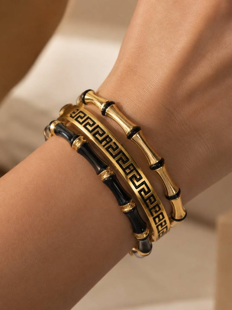 Black & Gold Designer Bracelet Stack – Set Of 3 : CBR002BGD