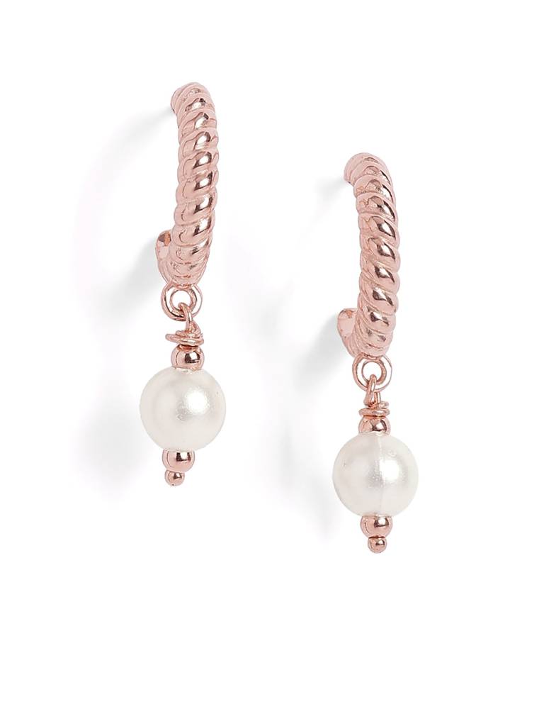 18Kt Rose Gold Plated Dangling Pearl Geometric Half Hoop Earring : FJE5877