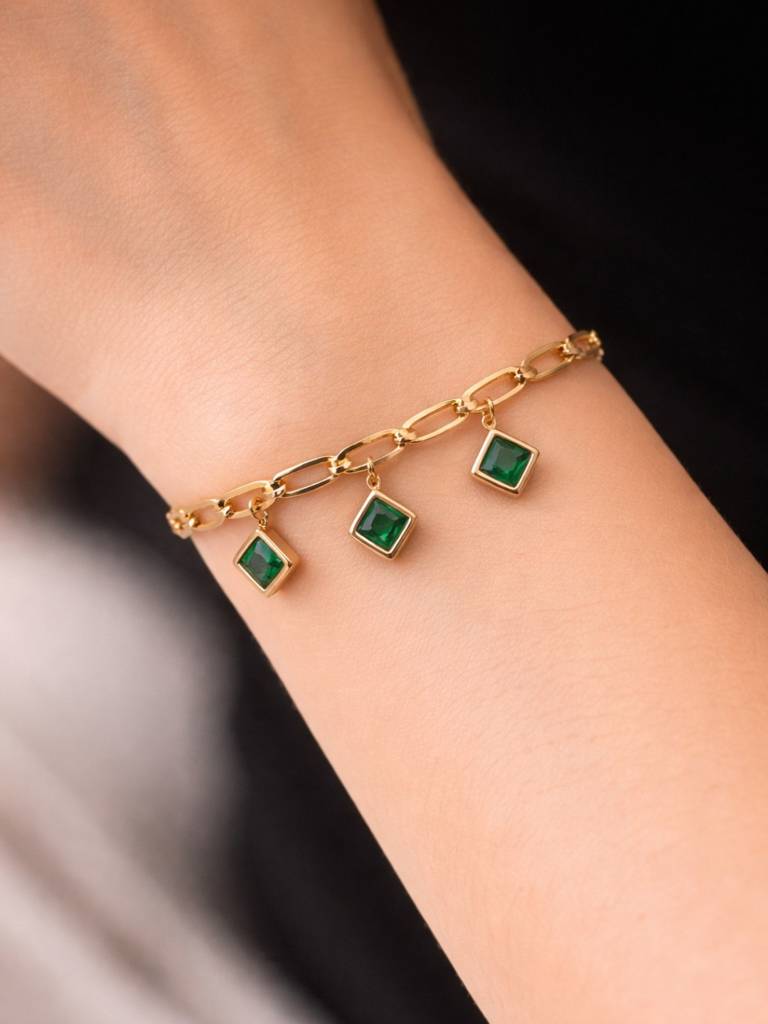 Quad Emerald Green Charm Bracelet | 18K Gold Anti-Tarnish Jewelry : ATCB751QGCB