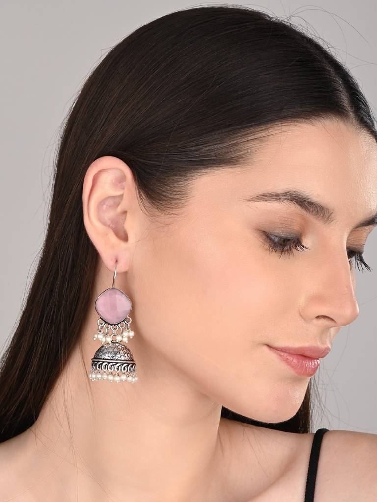 Oxidised Silver Brass Stone Jhumka Earrings : S24AJER253PNK
