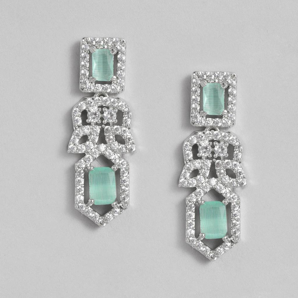 Estele Rhodium Plated Cz Shimmering Necklace Set With Mint Green Crystals For Women : AD-703-IR-MGNKER