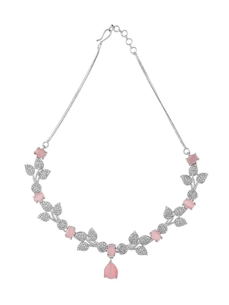 Floral Leaf Pink Crystal Necklace Set With Matching Earrings For Women : Sapna-JS