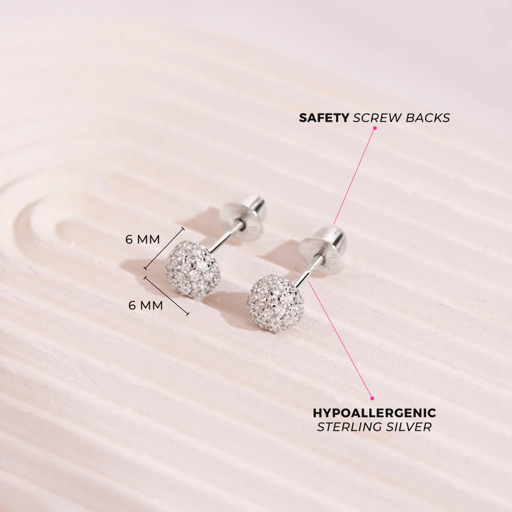 Sterling Silver Clear Gem Ball Earrings For Girls With Cubic