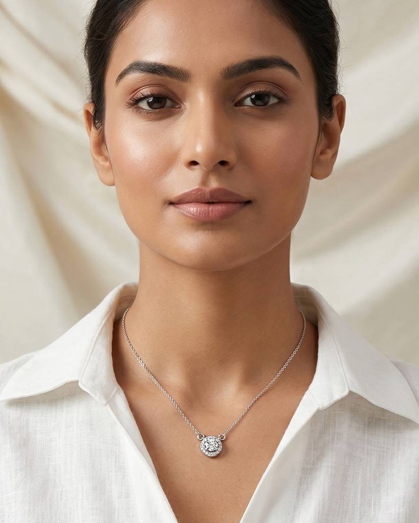 925 Silver Classic Halo Solitaire Pendant Necklace : IS-NC-PC-1184