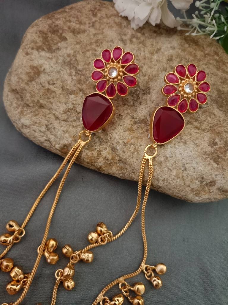 Brass- Plated Pachi Kundan & Ghungaroo Beaded Kashmiri Floral Drop Earrings : VS105311