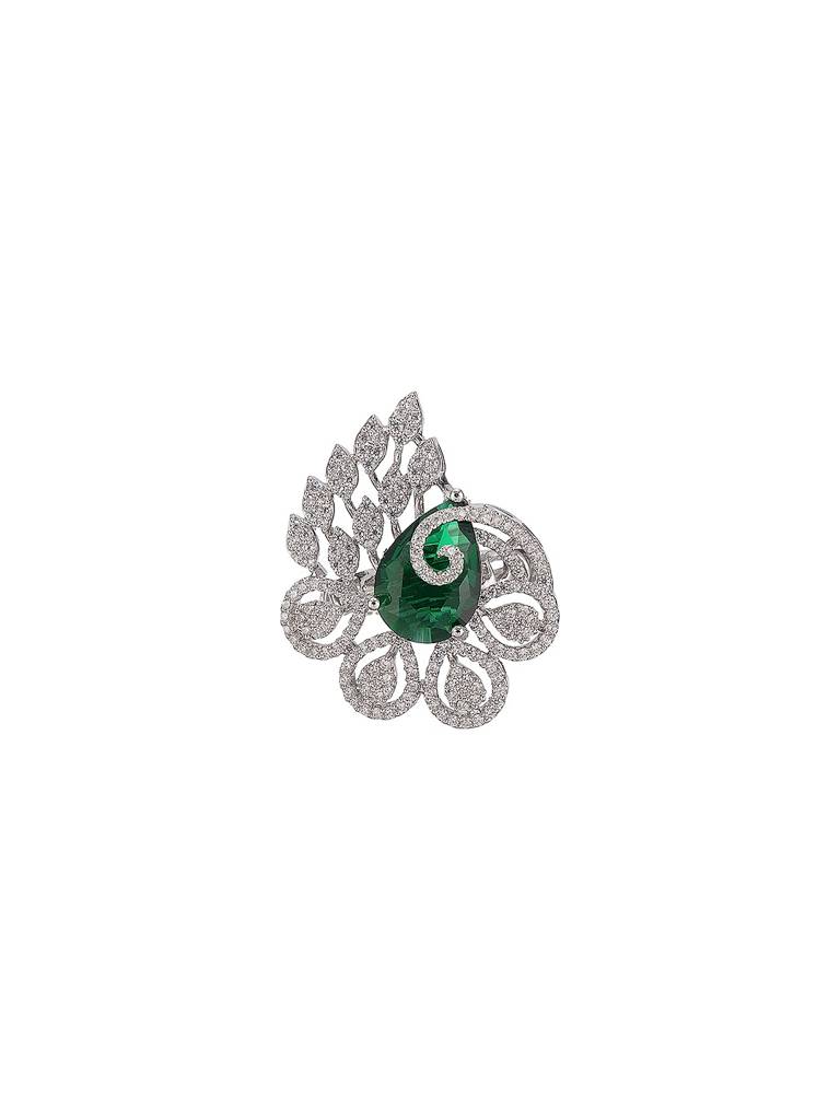 Silver Plated Green Emerald Green Ad Zircon Studded Designer Statement Adjustable Finger Ring : SJRG2882