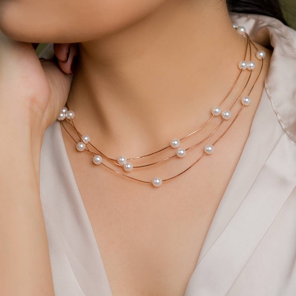 925 Silver Rose Gold Pearl Necklace | Faceted Crystal Necklace : NL1058