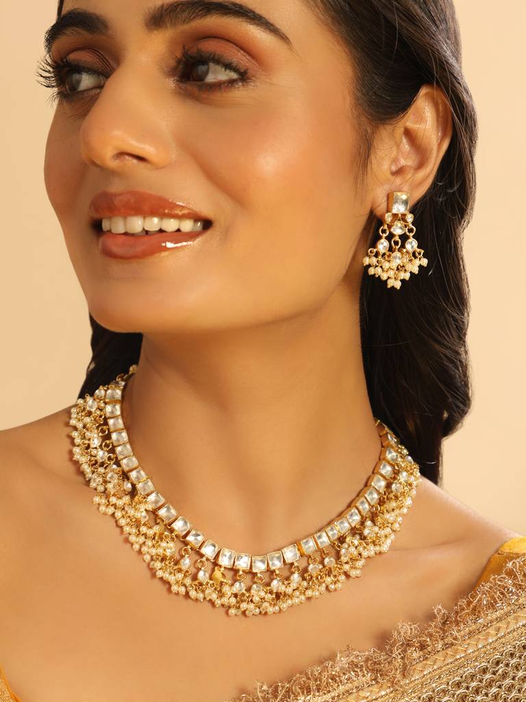 22K Gold Plated Ivory Dusk Kundan Necklace Set : YI24A0453N