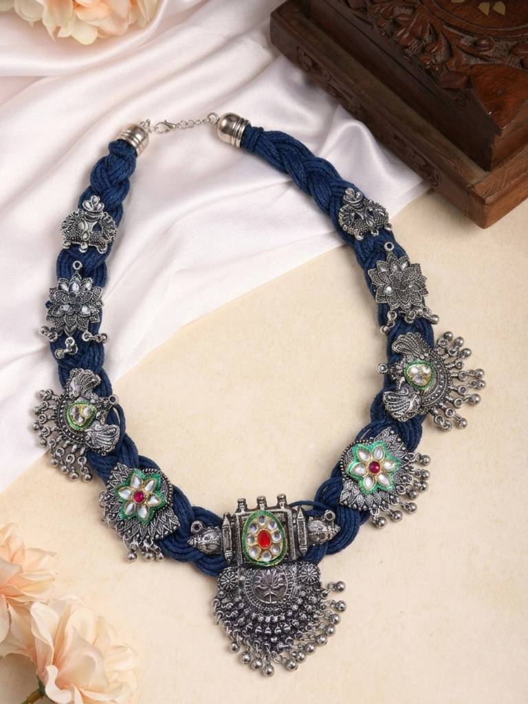 Oxidised Silver Plated Floral & Peacock Charm Bohemian Meenakari Jute Necklace : VI26NK0098