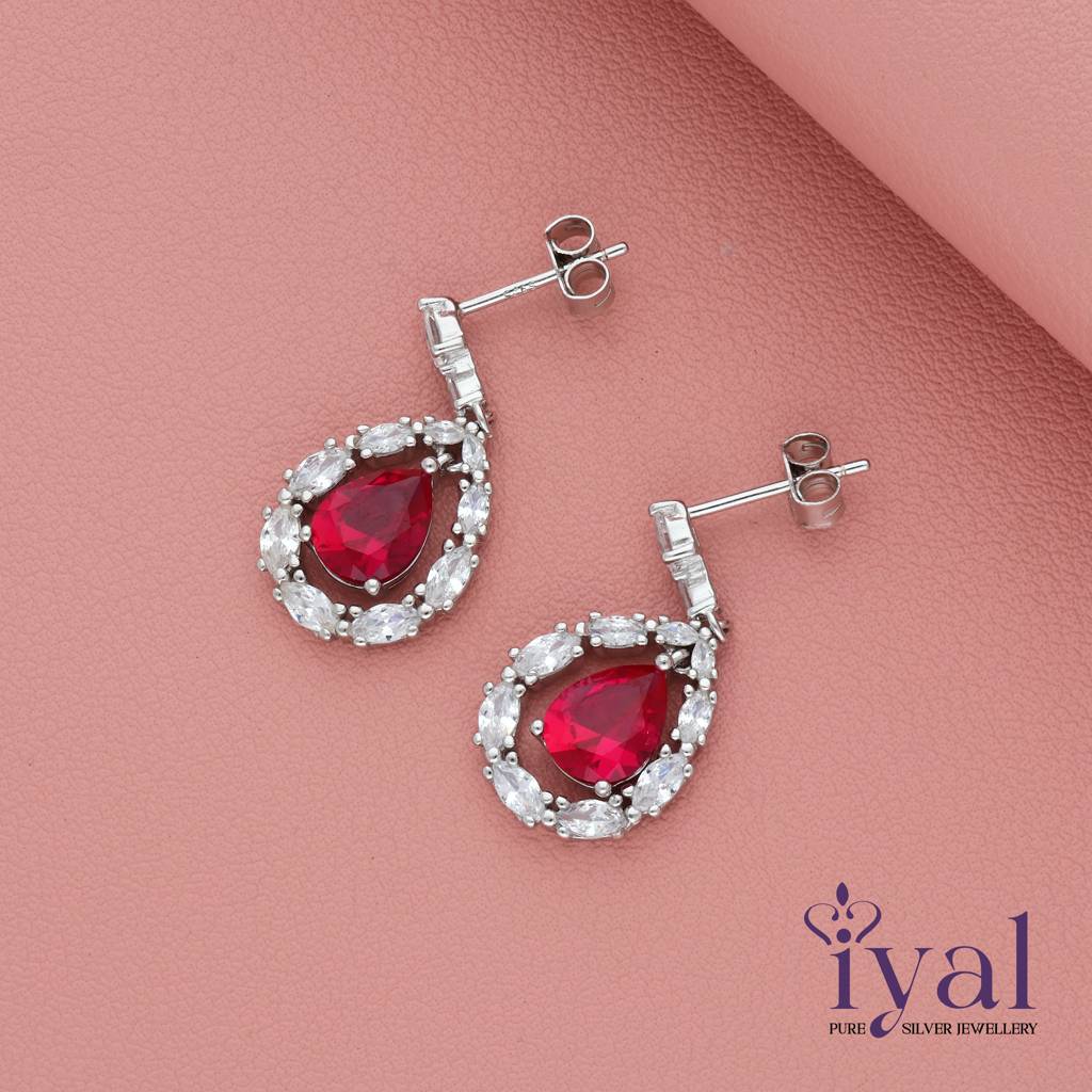 Shimmering Red Stone Silver Drops : ED-9