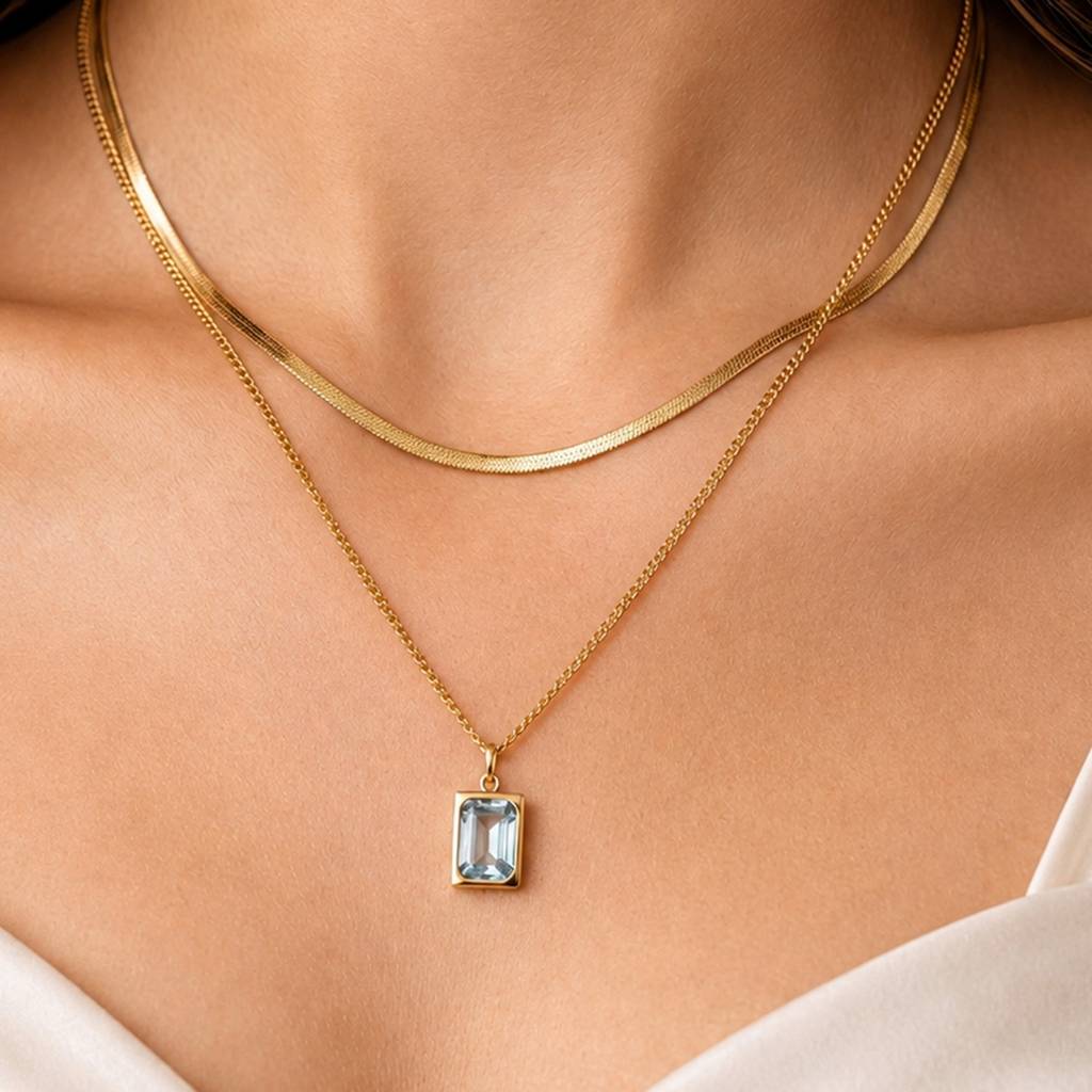 Dual Layer Crystal Bar Anti-Tarnish Pendant Necklace : JW-HSPS60MB2097