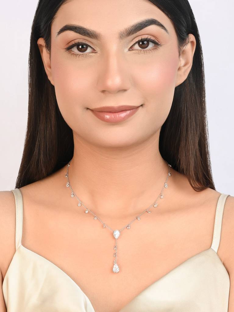 925 Silver Lariat Design With Cz Drop Accents—An Elegant Silver Necklace For Women That Highlights The Neckline Wit : EBNC1994