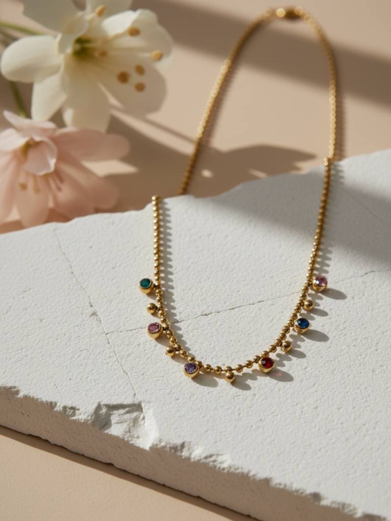 Anti-Tarnish Multicolor Beaded Stone Chain | 18K Gold Cz Jewelry : ATC648MBN