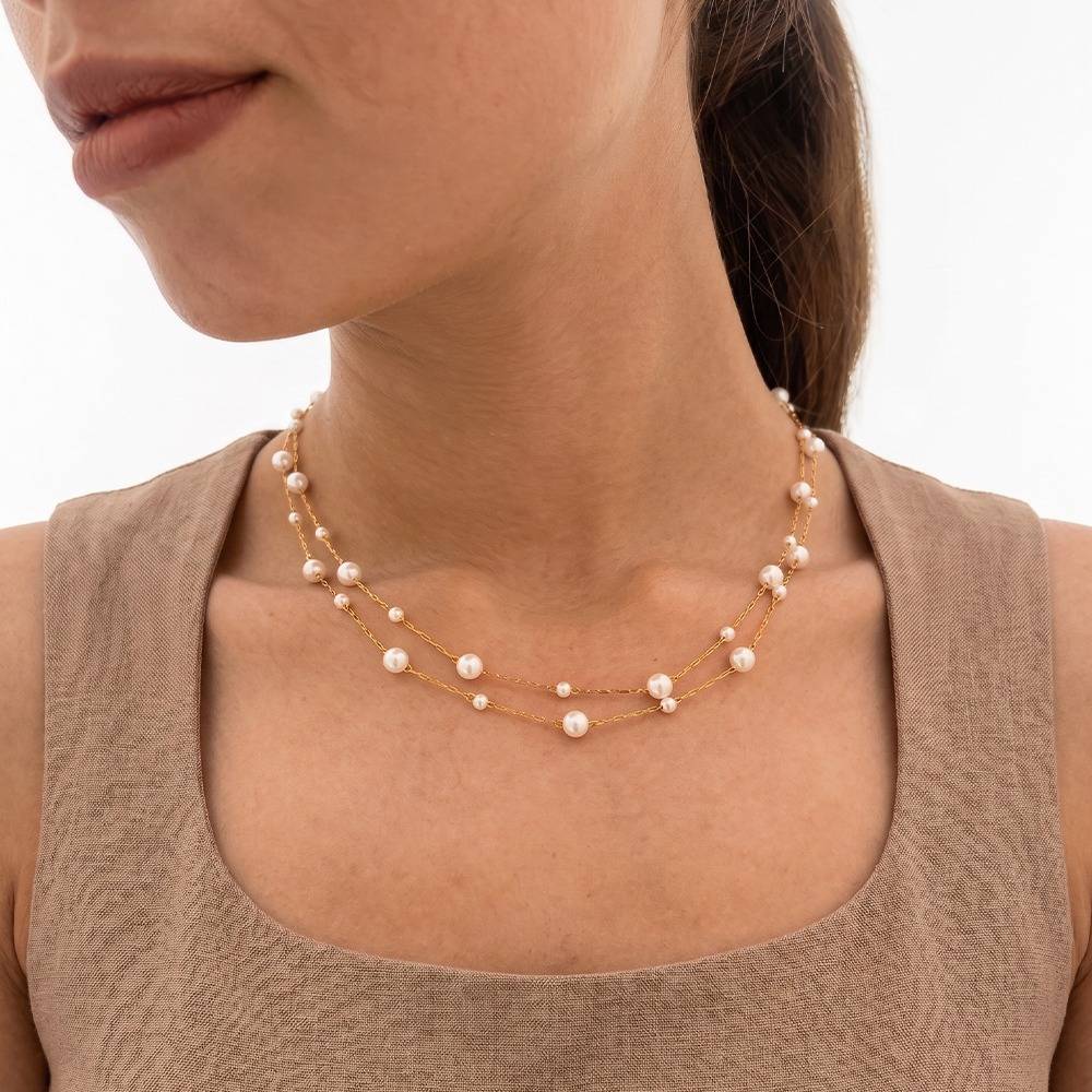 Women 18K Gold-Plated White Pearl-Studded Double-Strand Layered Station Necklace : 100787