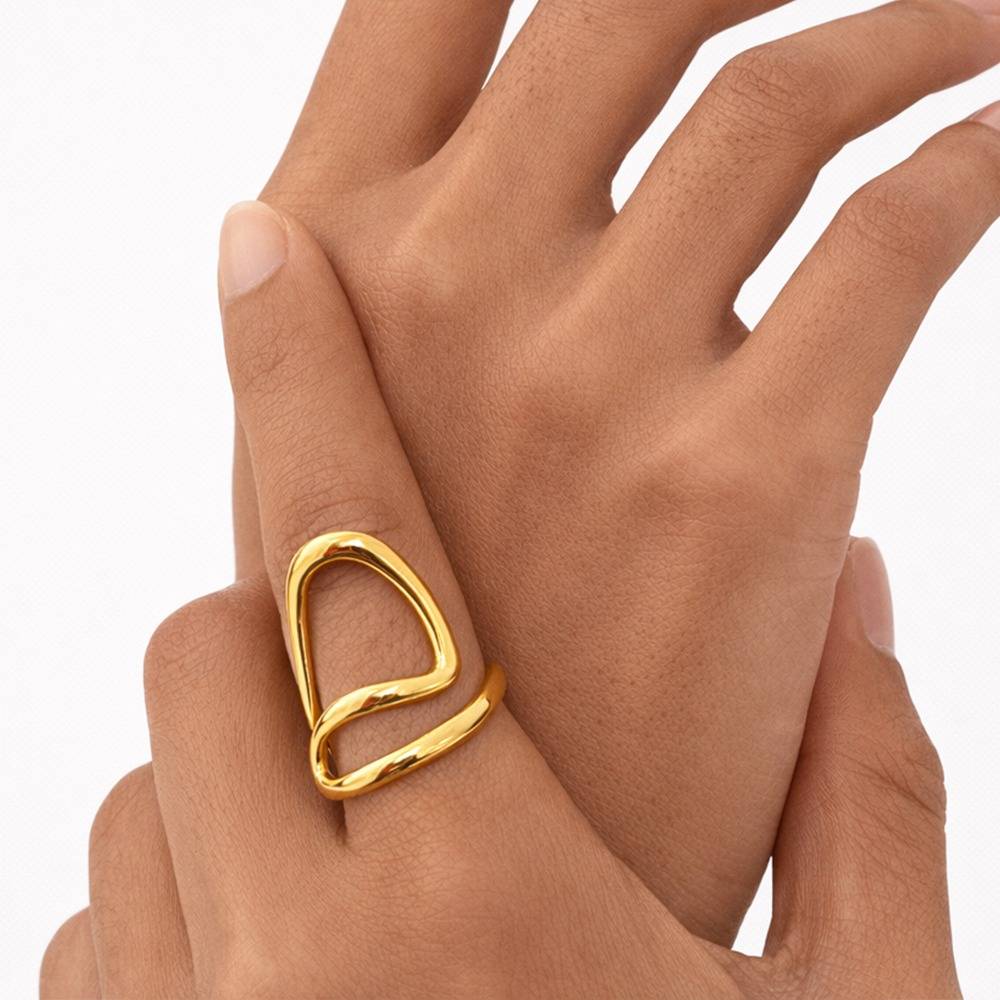 Gold Plated Minimalist Adjustable Statement Ring For Women | Modern Abstract Open Ring : 100688