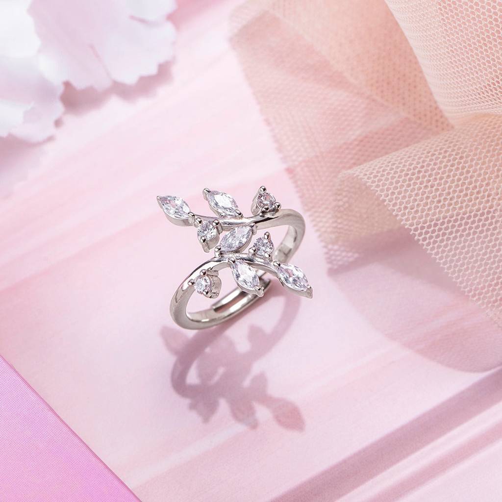Shimmering Canopy: 925 Sterling Silver Leaf Design Ring For Her (Adjustable) : RNG-40239-R