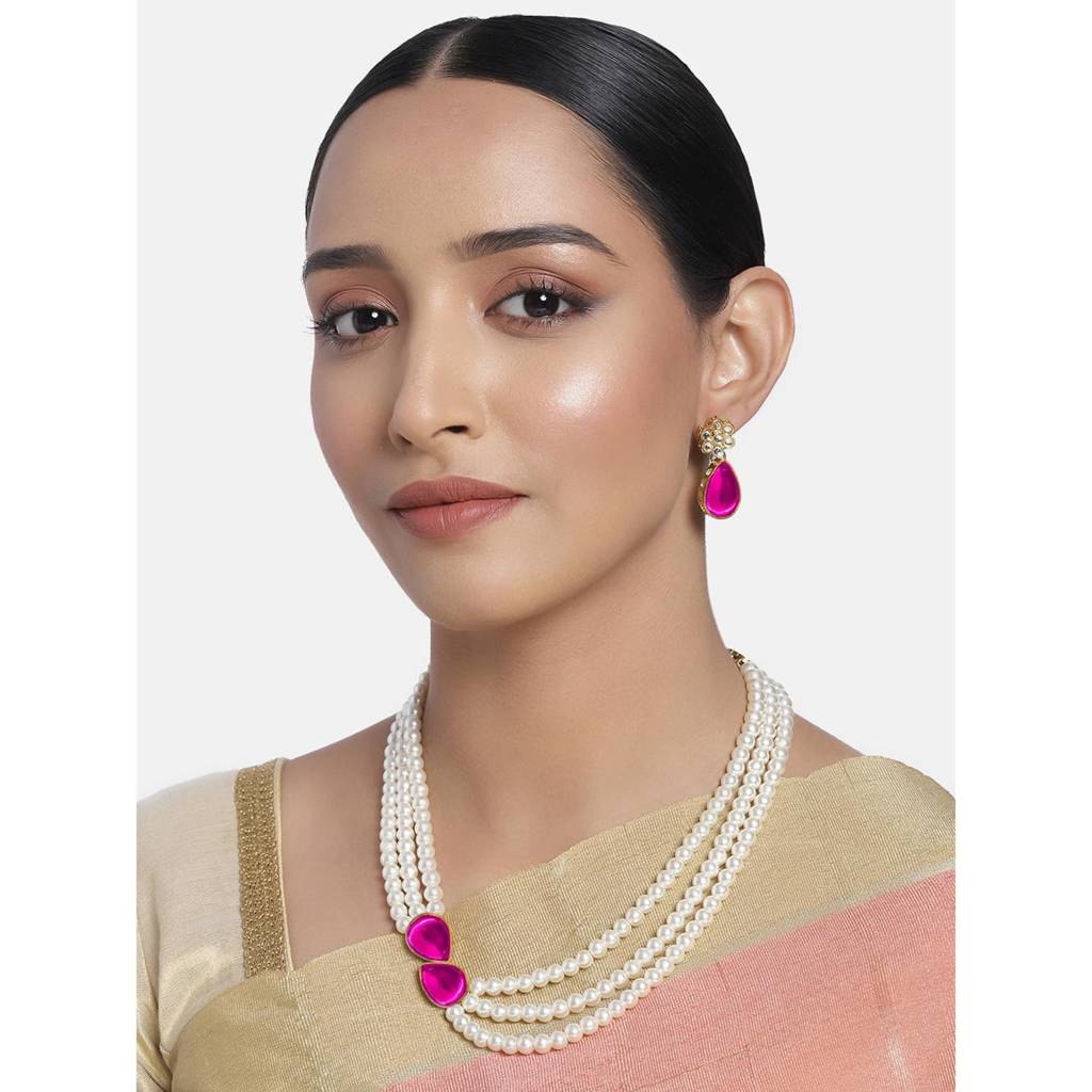 Peora Pearl Mala Rani Pink Necklace & Earrings Gift For Women Girls Traditional Ethnic Jewellery Set : PF26N1145RP