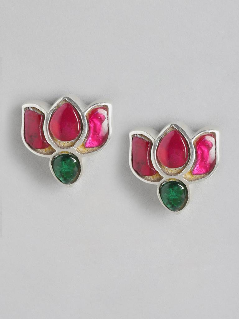92.5 Silver Crimpson Kundan Lotus Stud Earrings : 92.5 Silver Crimpson Kundan Lotus Stud Earrings : U100SG005MY052