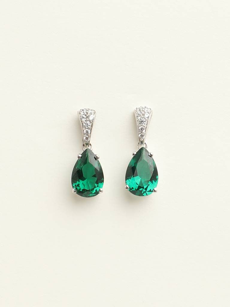 92.5 Sterling Silver Rhodium Plated Swiss Zirconia Dark Green Tear Drop Earrings With Screw Back Gift For Women : CSCLRE4PR_EM
