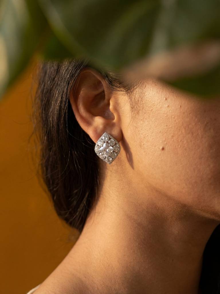 Designer Multi Stone Cz Stud Earrings – Rhodium Plated : ATE766DMSBS