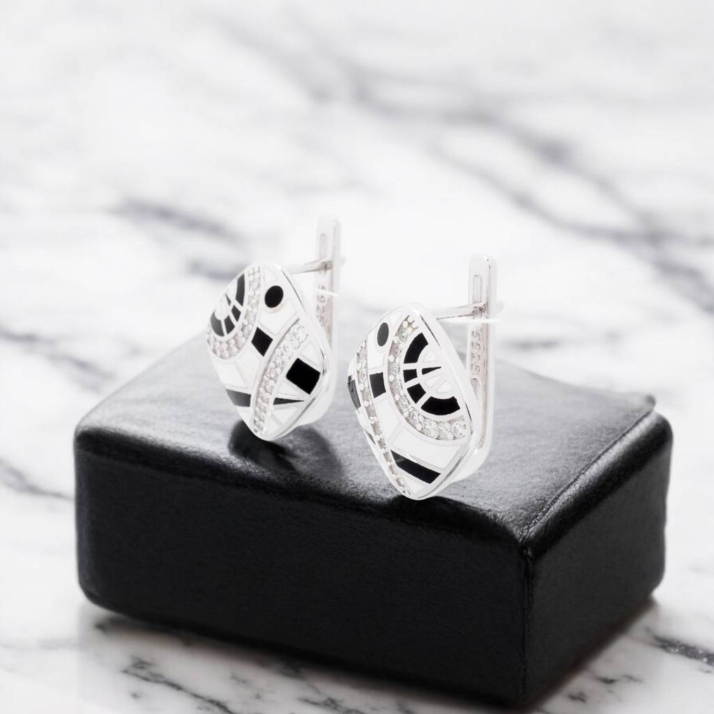925 Silver Abstract Essence Enamel Earrings - Black And White : HP-ER-TSS-02
