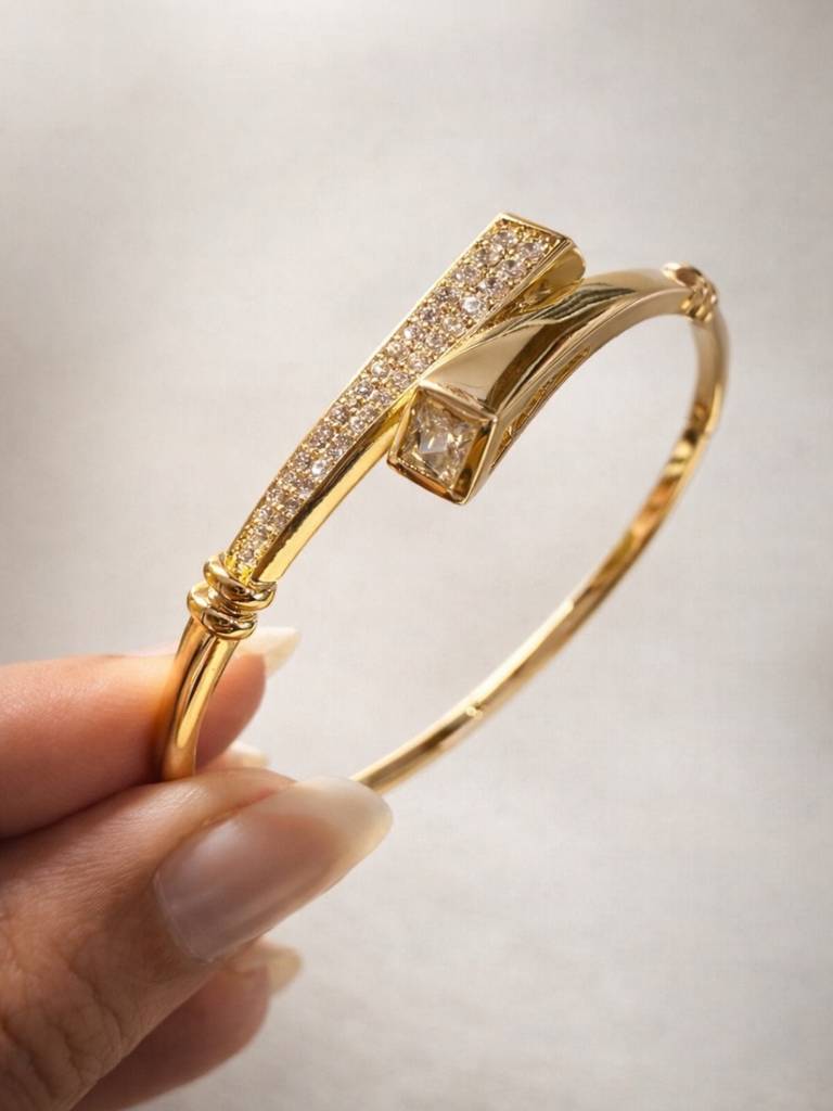 Quad Close Cz Studded Gold Bracelet | Anti-Tarnish Everyday Cuff : S925B696QCSB