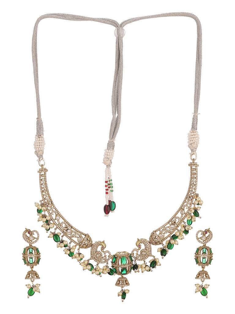 Antique Gold Plated Green Emerald Ad  & Kundan Studded Temple Peacock Motif  Choker Jewellery Set : SJNK2971