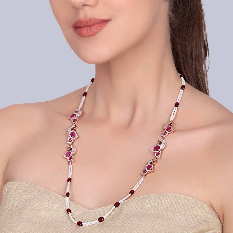 Elegant Ethnic Rose Gold Finish White Two Strand Necklace With Ruby Beads & Cz Peacock|Traditional Wear : AD-921-RGRBNK