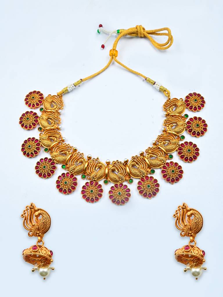 Gold Plated Peacock Necklace Set : SATJS525MULTI