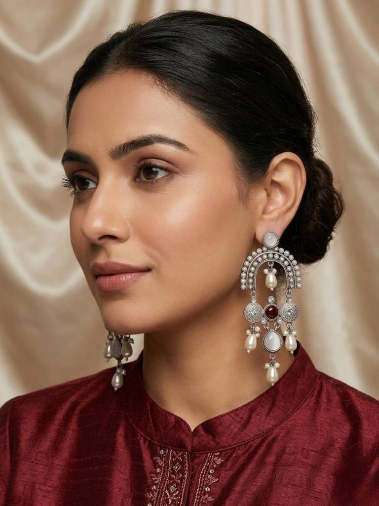 Silver Plated Oxidised Stone & Pearl Embellished Statement Chandbali Earrings : VI26EROX100338