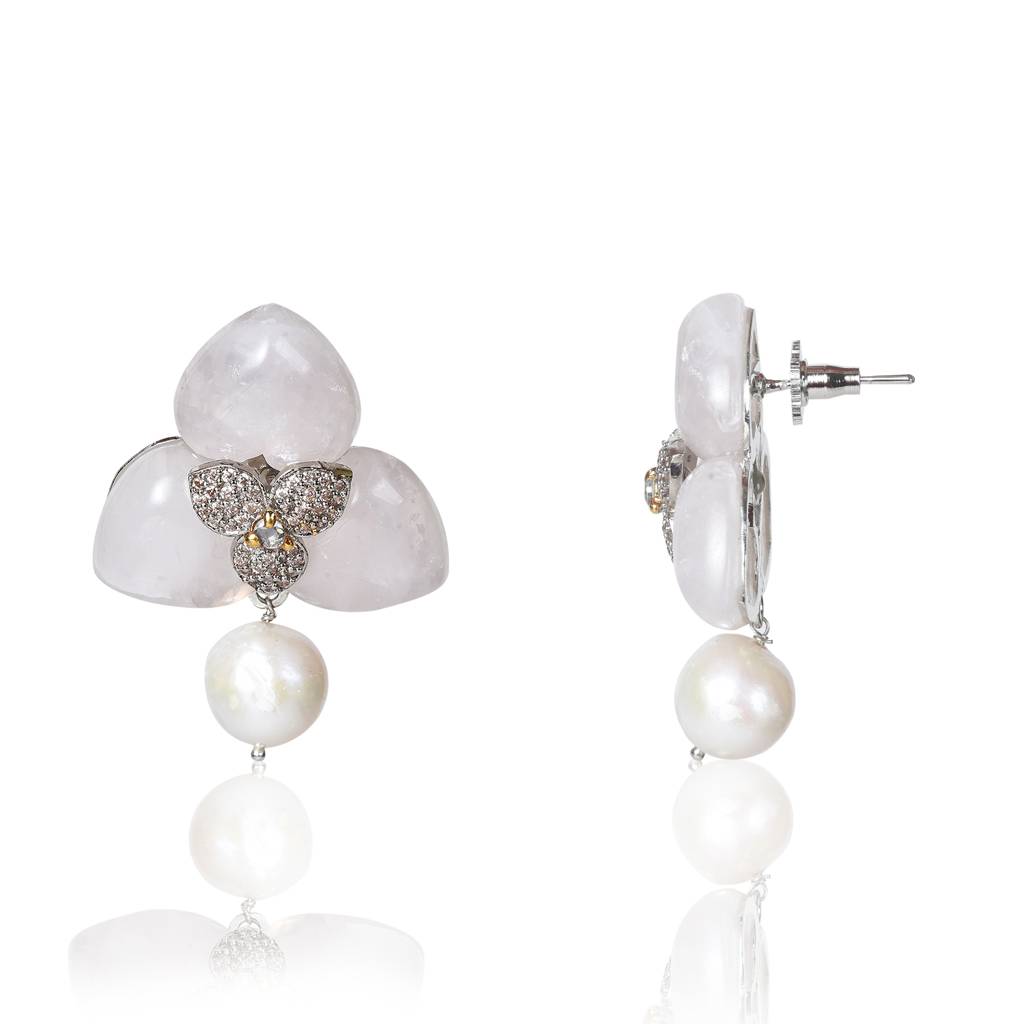 Heart Shaped Rose Quartz With Baroque Pearl Drop Earring