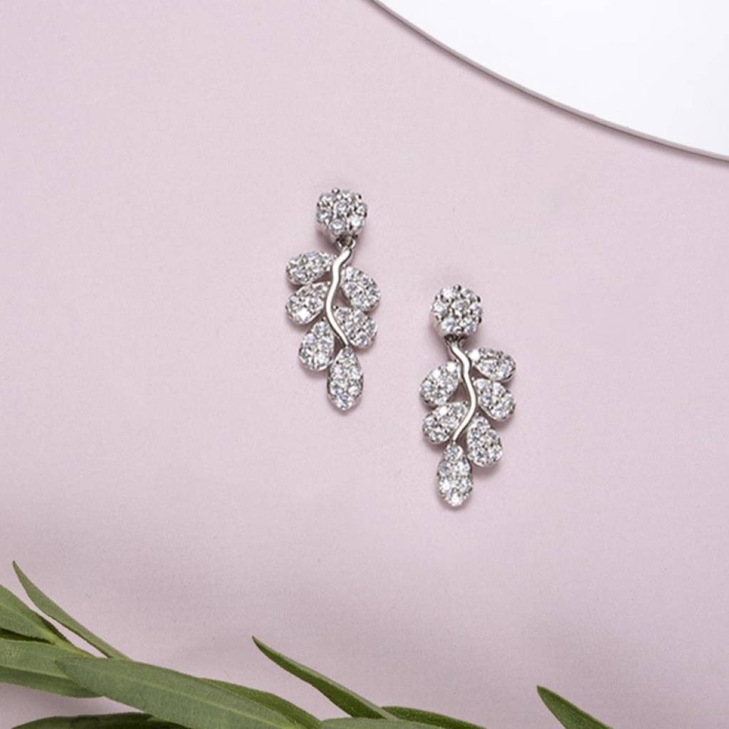 Elegant Cz Leaf 925 Silver Earrings : EAR-20157