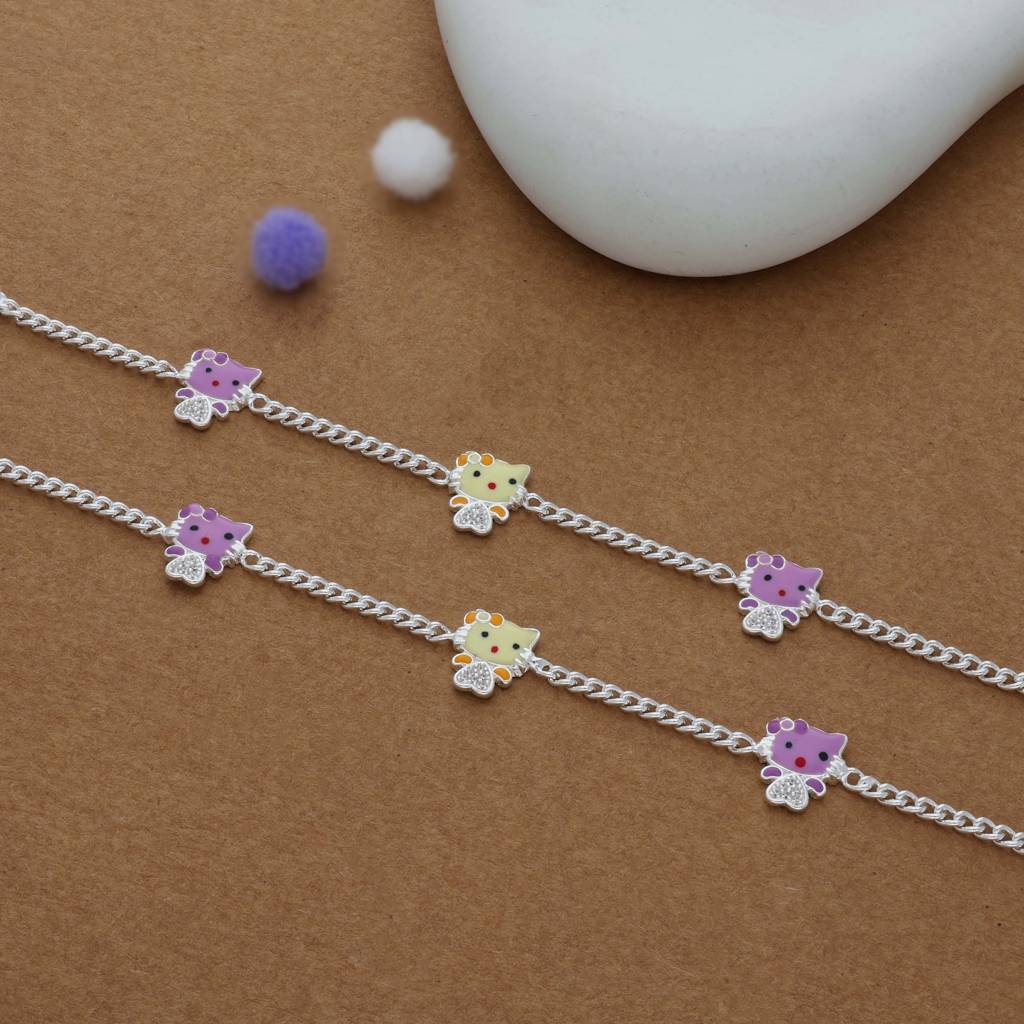 Iyal Kitty Heart Charm 925 Silver Kid Anklet (3-5 Yrs) : KA-KC-RH-R-159-P