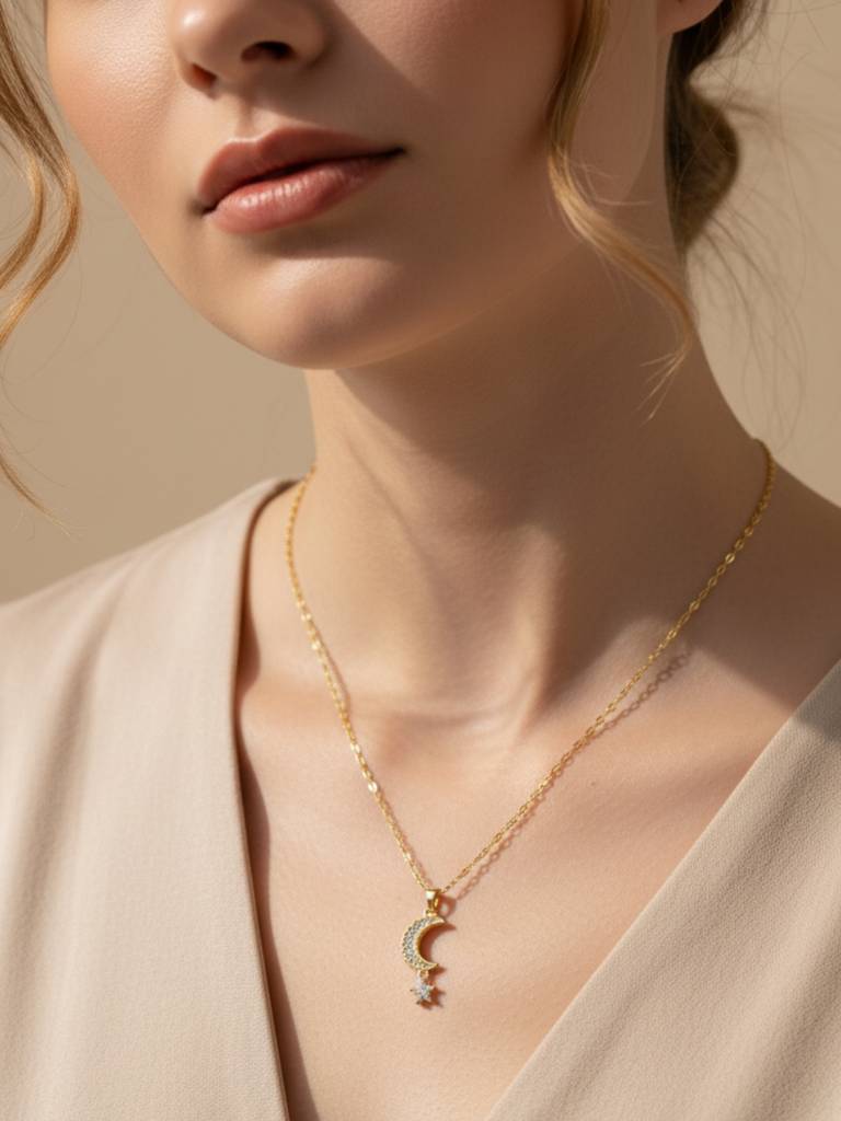 Anti-Tarnish Moon & Star Pendant Chain | 18K Gold Cz Jewelry : ATC645MSPC