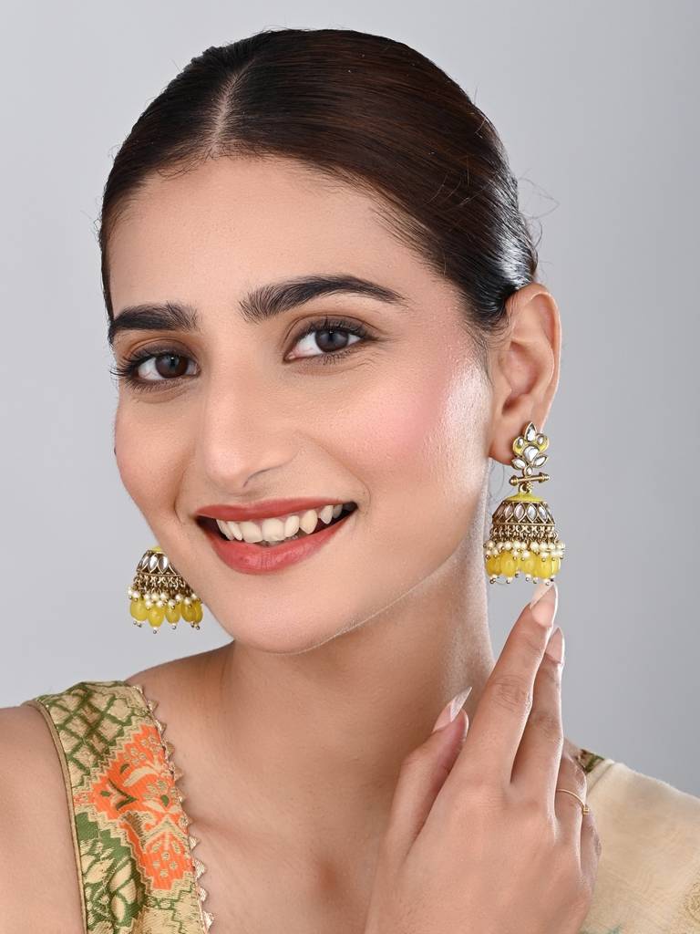 Gold Plated Kundan & Meenakari Jhumka Earrings : S24FAER411YLW