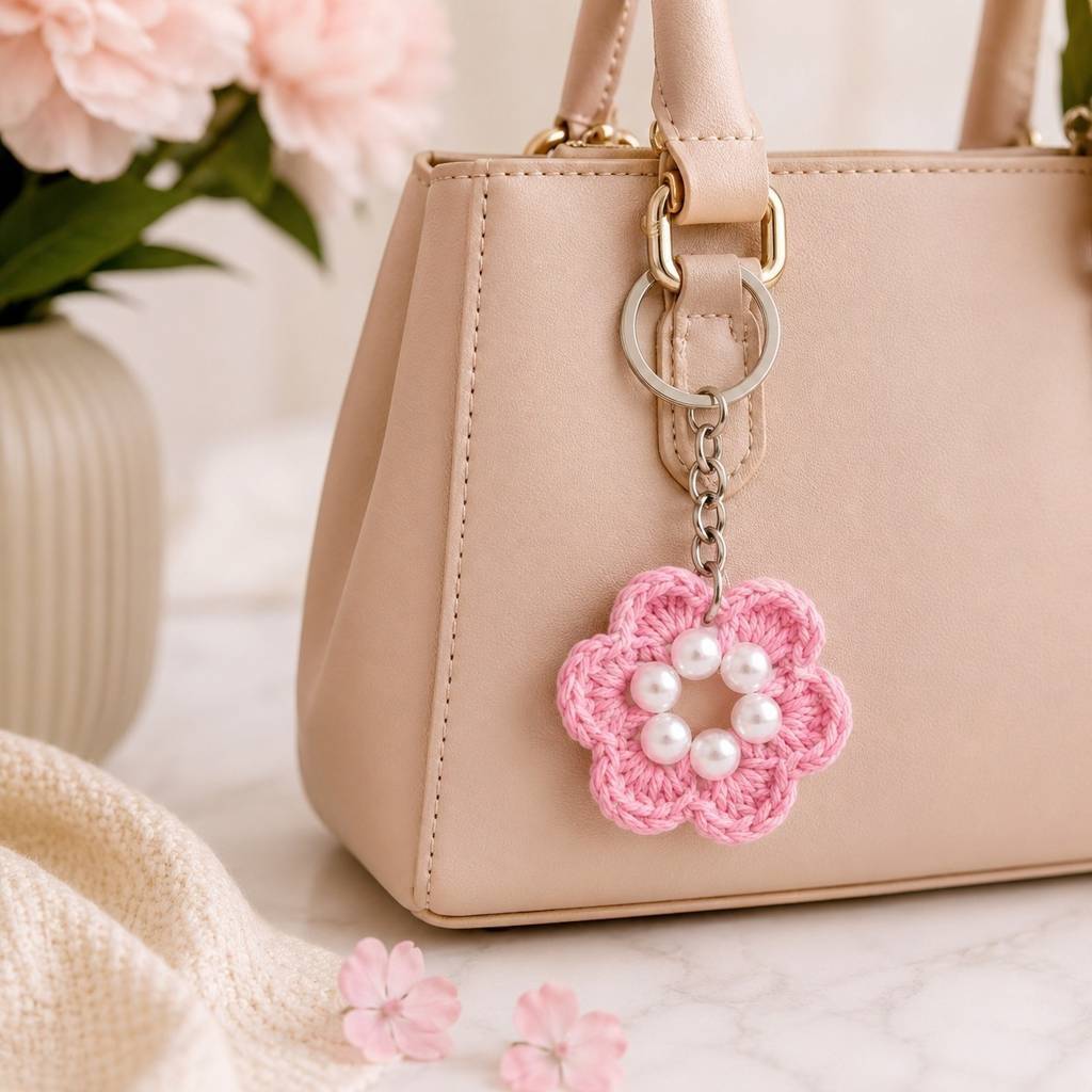 ハンドメイド クロシェバッグ ピンク パールチャーム付き BelleVogue Handmade Pink Crochet Flower Pearl Keychain Charm