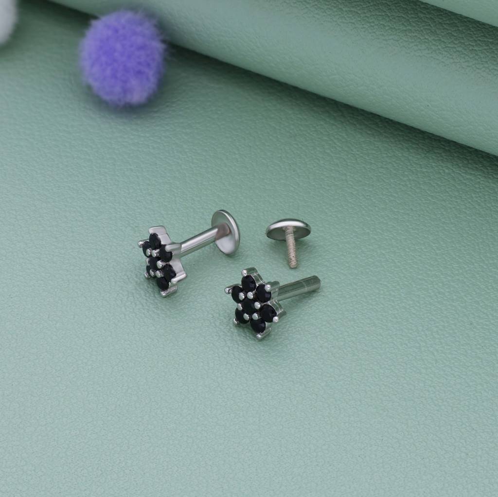Black Floral Crystal 925 Silver Stud For Kids & Teen(10+ Yrs) : KE-KS-RH-A-218-P