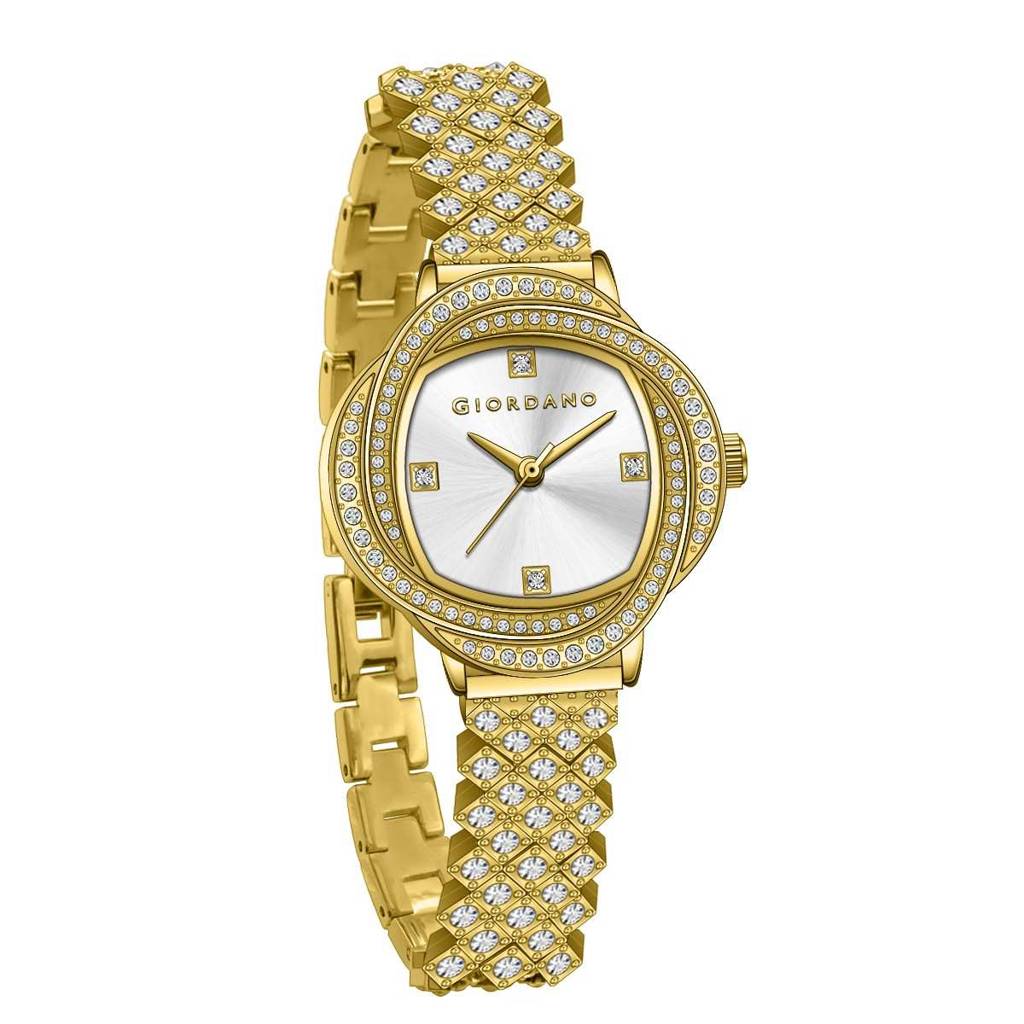 Giordano Luxury Crystal Watch For Women, Stainless Steel Strap, Diamond-Studded Bezel, Elegant Dress Timepiece : GZ-60120-11