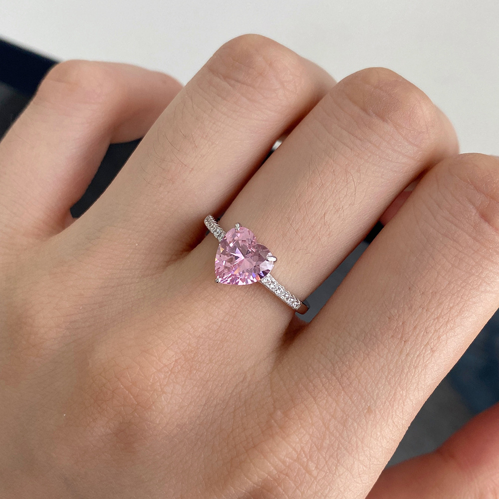 925 Sterling Silver Pink Stone Heart Ring I Solitaire Finger Ring I Adjustable Silver Ring : B0DF5HDTRP