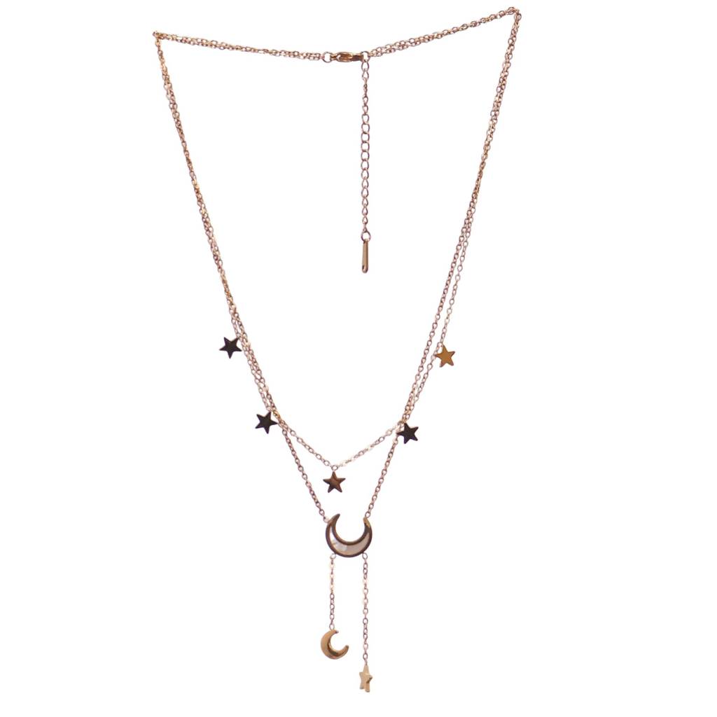 Women’S Gold Plated Moon & Star Layered Necklace | Celestial Fashion Jewelry : LJMN005