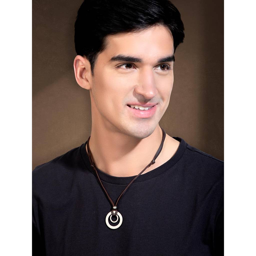 Men’S Women’S Double Ring Pendant Adjustable Leather Cord Necklace Chain, Brown Silver|Rakhi Rakshabandhan Gift For S : PX9P06