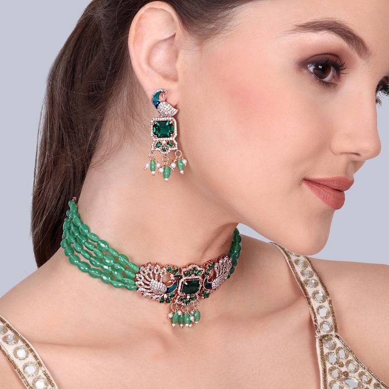 Luxury Rose Gold Finish Cz Multi String Choker Set – Bridal & Festive Wear : AD-934-RGGNNKER