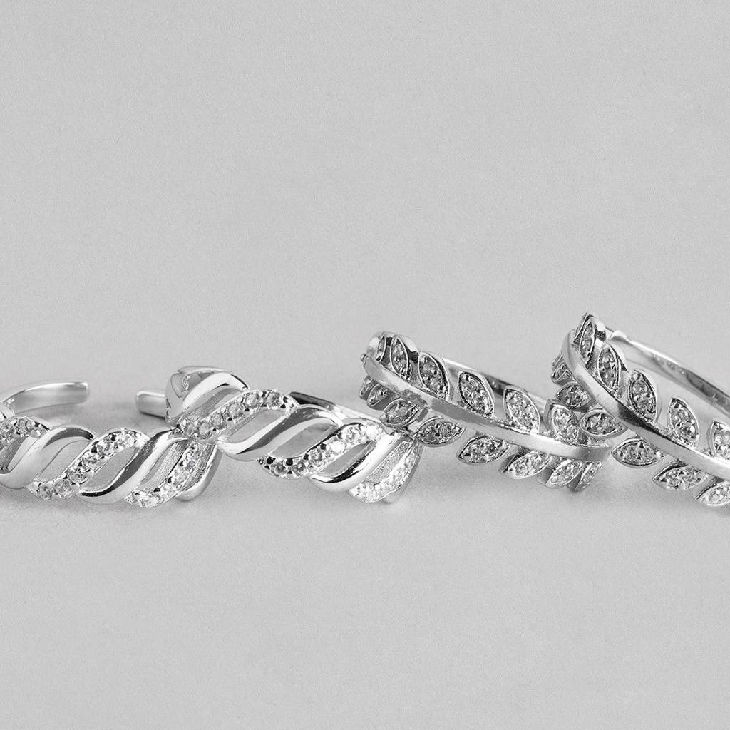 Leafy Waves Rhodium Plated 925 Silver Toe Ring Combo : CTOE-10004