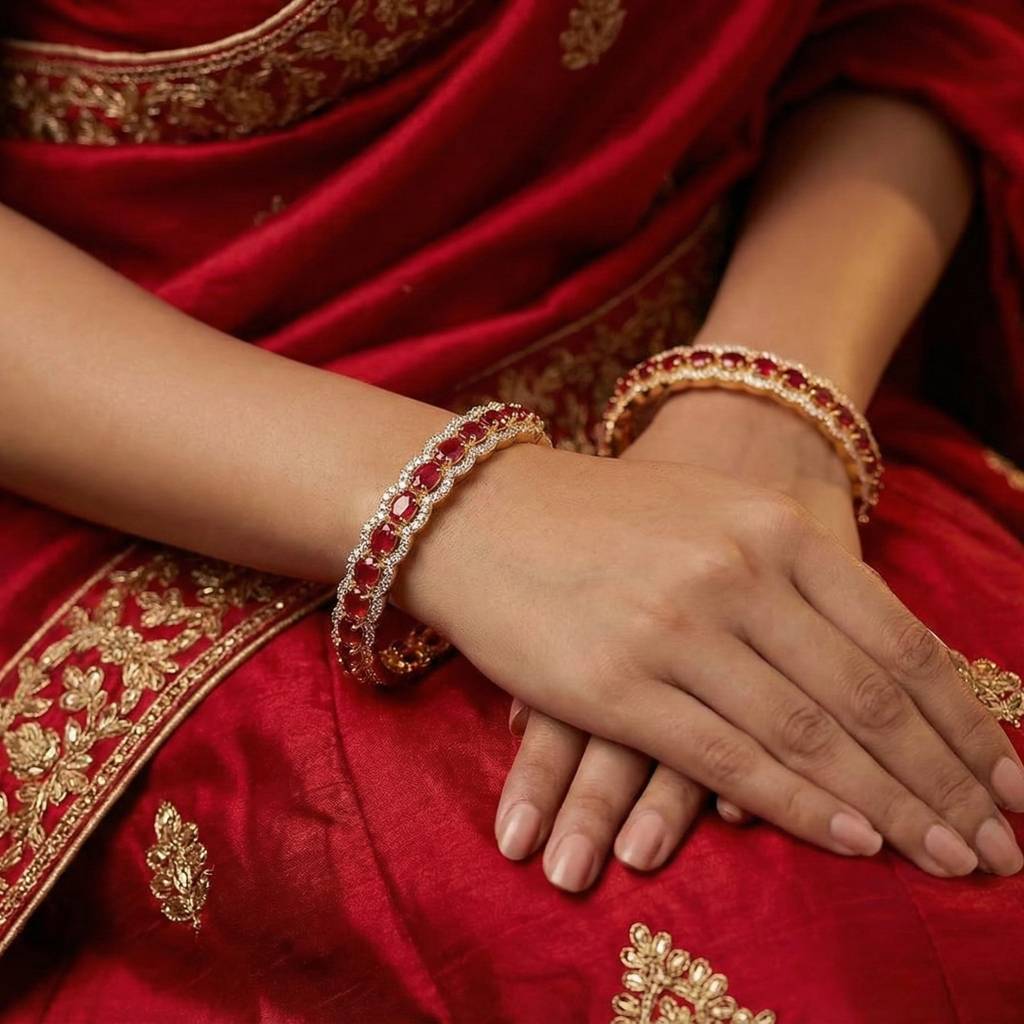 Beautiful Gold-Plated Ruby Bangles For Women | Austrian Aaa+ Cz Studded | Anti-Tarnish E Coat | Elegant Bridal, We : TP2151_24