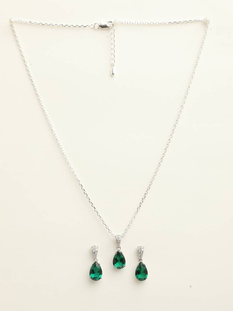 92.5 Sterling Silver Rhodium Plated Swiss Zirconia Dark Green Tear Drop Pendant Earring Chain Jewellery Set G : CSCLRP4E4PR_EM