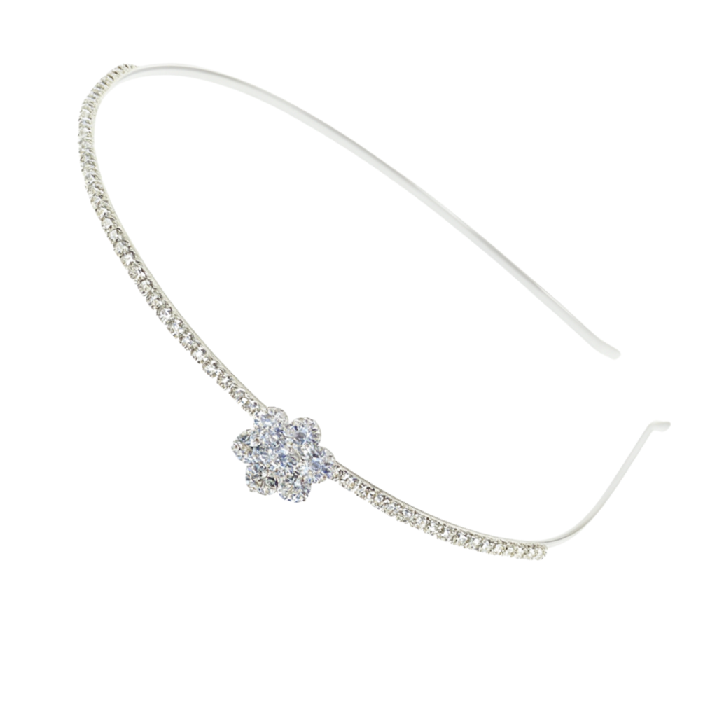 Base Metal Silver Plated Crystal Floral Bridal Hair Band For Women | Rhinestone Wedding Headband Tiara | Part : M4SK-HB-FLOWER