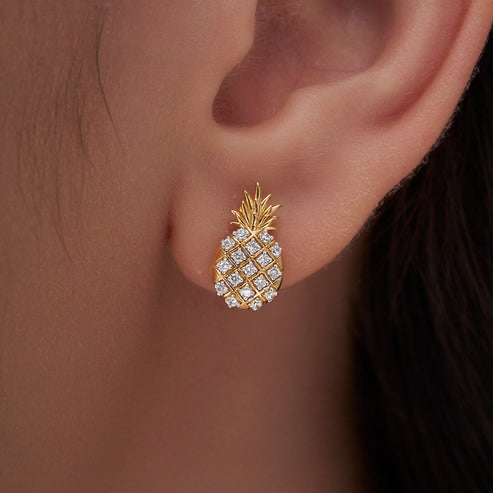 18K Gold Vermeil Pave Pineapple Stud Earrings For Women | Valentine Gift Jewellery : KES0040-Gold