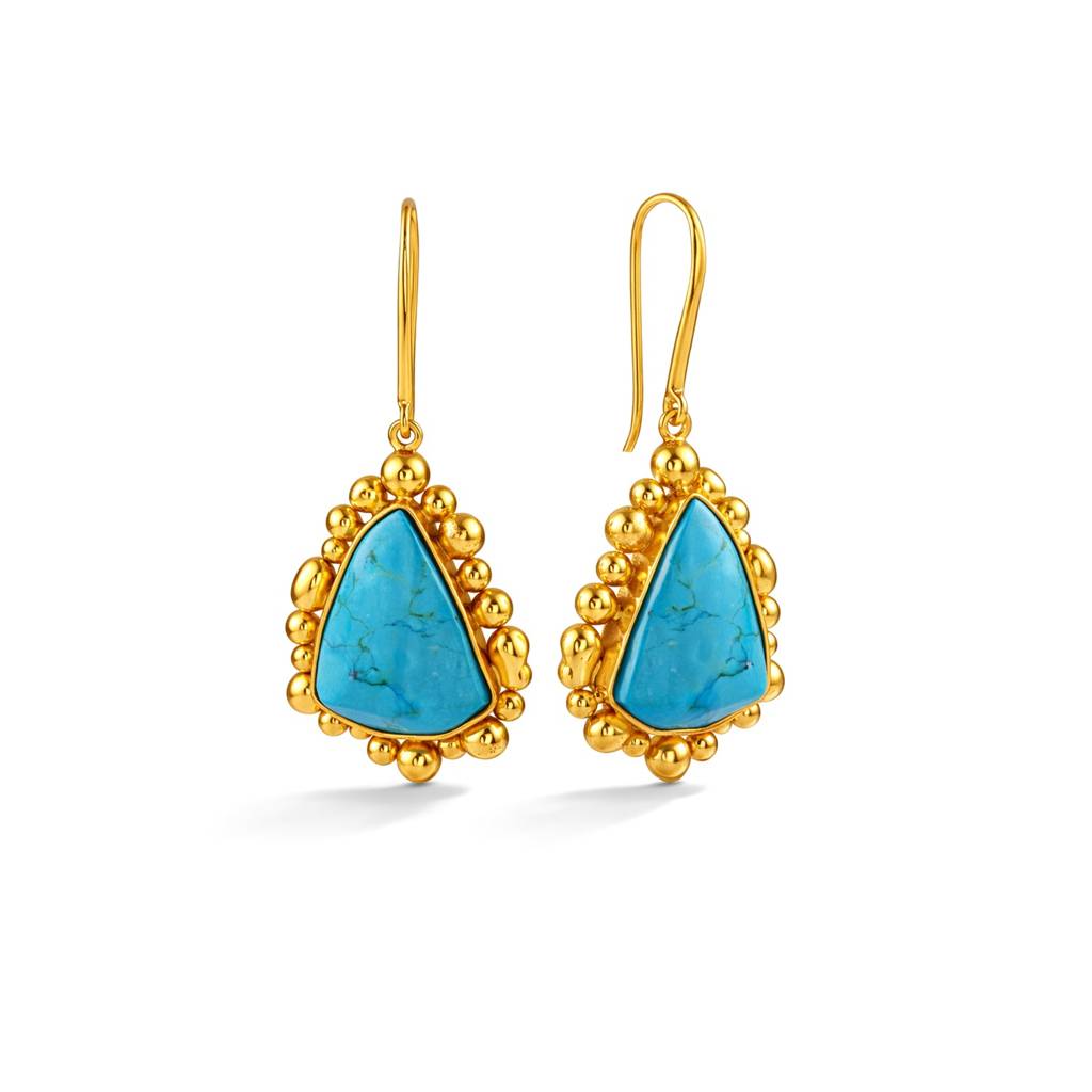 Gold Plated Natural Turquoise Pebble Drop Earrings : AWE-411