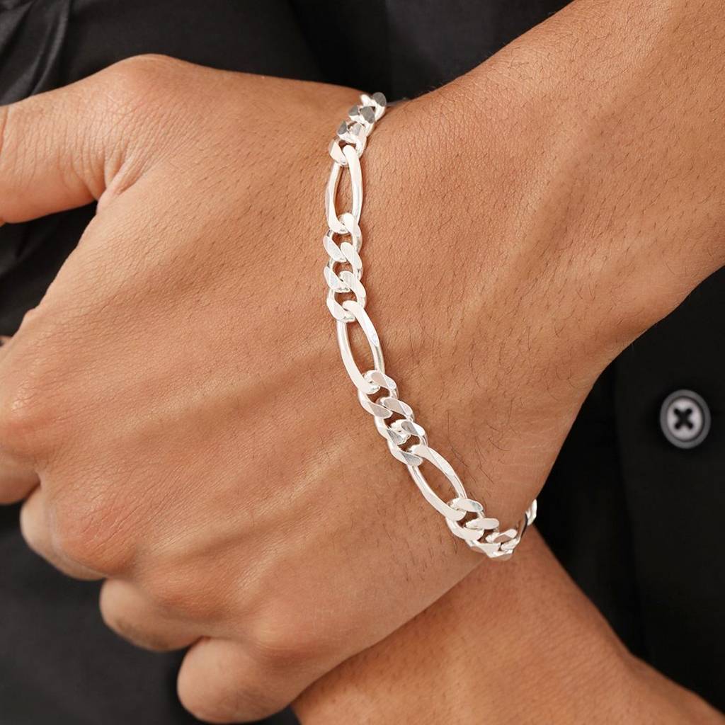 Figaro Rhodium Plated 925 Sterling Silver Mens Chain : M-BR-80425-8-4-S